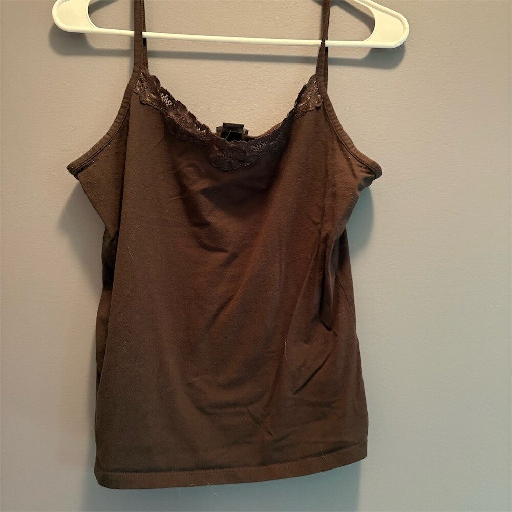 Ann Taylor Cami Tank Top Womens Size L Brown Lace Trim Spaghetti Strap